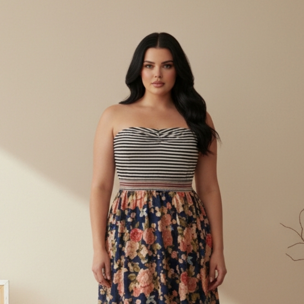 Strapless Sweatheart Striped Floral Cottage Core Retro Summer Dress 2X